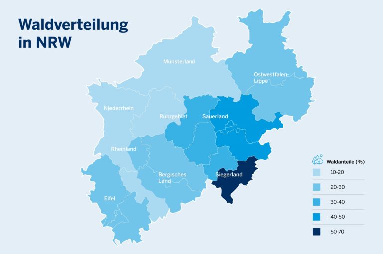 Die Grafik zeigt die Waldverteilung in NRW. Der höchste Waldanteil liegt im Siegerland vor. Danach folgt das Sauerland.