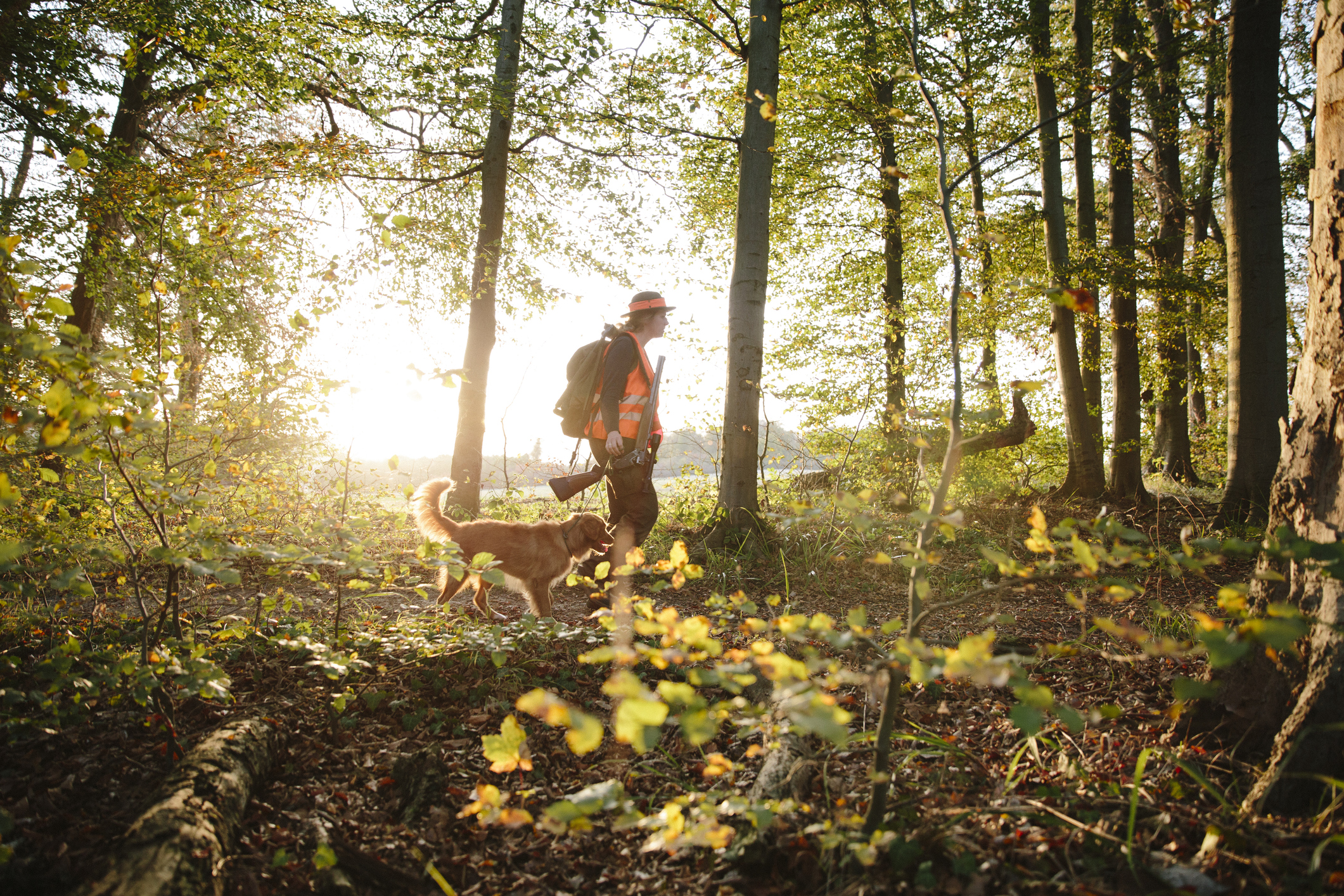 Eine Jägerin geht mit ihrem Hund durch den Wald.